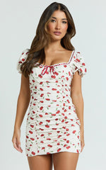 Bailey Mini Dress - Recycled Cherry Print Cap Sleeve Ruched Bust Bodycon Dress in Blushing Cherries Print