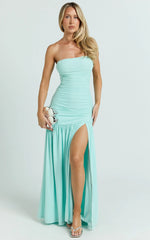 Cardi Maxi Dress - Ruched Mesh High Leg Split Dress in Mint