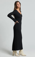 Astra Maxi Dress - V Neck Long Sleeve Knit Dress in Black