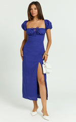 Robin Midi Linen Blend Dress - Puff Sleeve High Split Dress in Navy