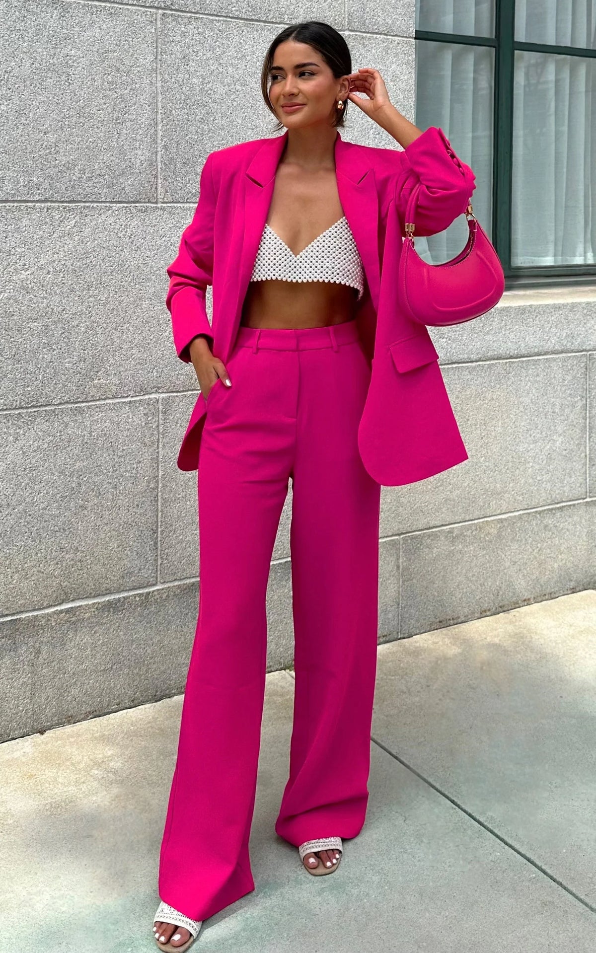 Bonnie Pants - High Waisted Tailored Wide Leg Pants in Pink