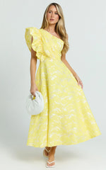 Alfreda Midi Dress - One Shoulder Ruffle Detail Brailey Jacquard Dress in Yellow Jacquard