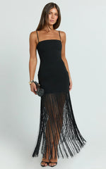 Evie Maxi Dress - Crepe Fringed Shift Dress in Black