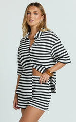 Brenda Top - Textured Stripe Drop Shoulder Button Down Shirt in White/Black