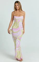 Krishna Maxi Dress - Strappy Scoop Neck Floral Placement Print Georgette Dress in Swirl Print