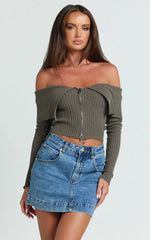 Carlson Top - Off Shoulder Knit Front Zip Top in Dark Khaki