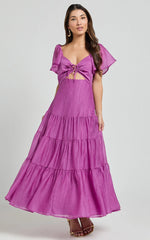 Patricia Midi Dress - Flutter Sleeve Tie Front Tiered Dress in Orchid