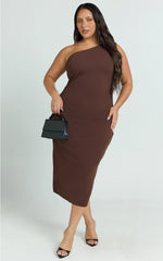 Monette Midi Dress - One Shoulder Straight Dress in Chocolate