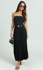 Harlee Midi Skirt - Pleated High Waist A Line Skirt in Black