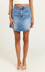 Adan Mini Skirt - Recycled Cotton Frayed Hem Denim Skirt in Mid Blue Wash