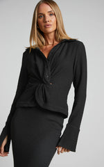Althea Top - Knot Front Long Sleeve Top in Black