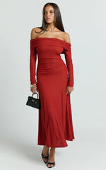 Perla Maxi Dress - Off The Shoulder Sleeve Drop Waist Dress in Red