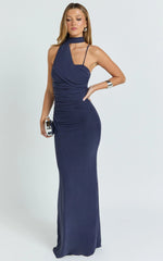 Larson Maxi Dress - Asymmetric Tie Neck Column Dress in Ink