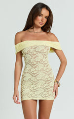Nalani Mini Dress - Lace Off Shoulder Bodycon Dress in Lemon