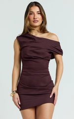 Cleo Mini Dress - Off Shoulder Ruched Bodycon Dress in Chocolate