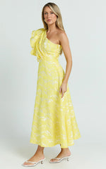 Alfreda Midi Dress - One Shoulder Ruffle Detail Brailey Jacquard Dress in Yellow Jacquard