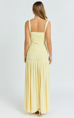 Cardi Maxi Dress - Ruched Mesh High Leg Split Dress in Lemon