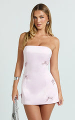 Alina Mini Dress - Strapless Diamonte Bow A Line Dress in Pink