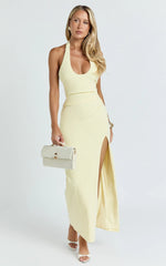 Ruby Maxi Dress - Halter Scoop Neck Low Back Bodycon Dress in Lemon