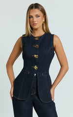 Rhianna Top - Button Down Longline Recycled Denim Vest Top in Raw Denim