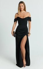 Marcel Maxi Dress - Off Shoulder Corset High Split Dress in Black