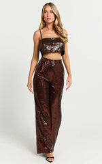 Elswyth Pants - Tailored Wide Leg Sequins Pants in Chocolate