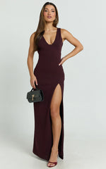 Raya Maxi Dress - Deep V Neck Low Back Bodycon Dress in Wine