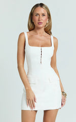 Marcia Mini Dress - Scoop Neck Hook And Eye Front Bodice Fitted Dress in Cream