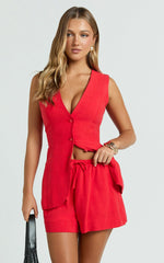 Olivia Shorts - Drawstring Relaxed Linen Shorts in Red