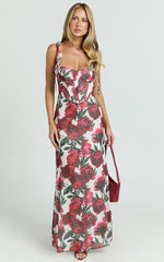 Mabel Maxi Dress - Georgette Frill Sleeve Sweetheart Bias Cut Dress in Rose Blanca