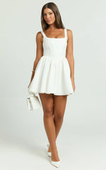 Aimee Mini Dress - Scoop Neck Corset Gathered Dress in White