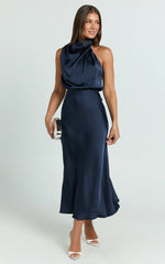 Minnie Midi Dress - Drape Neck Satin Slip Dress in Midnight Blue