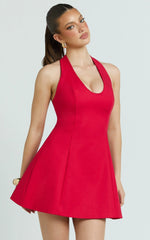 Lauren Mini Dress - Halter Scoop Neck Dress in Red