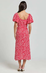 Carlyn Midi Dress - Sweetheart Puff Sleeve Wrap Dress in Red Floral