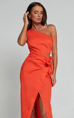 Rina Midi Dress - One Shoulder Side Cut Out Wrap Dress in Orange