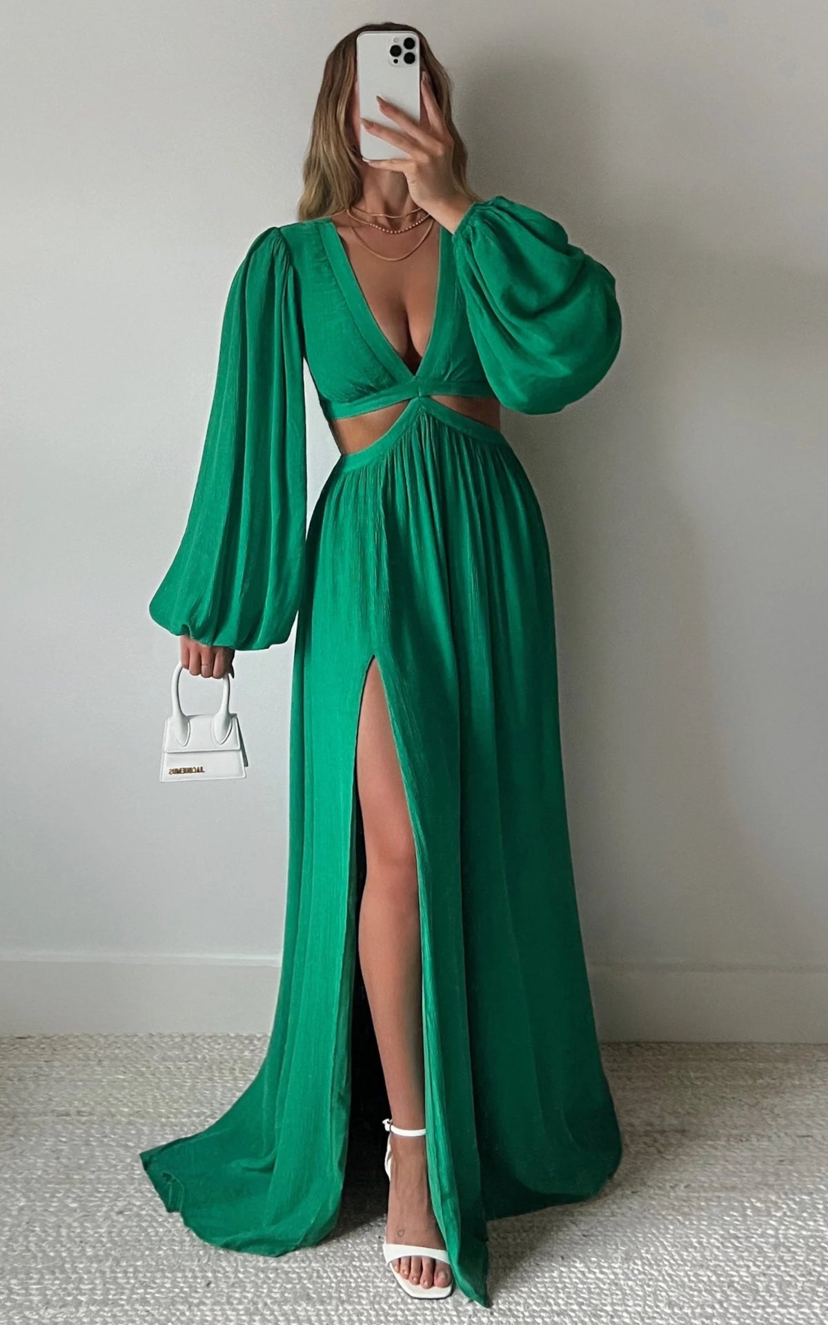 Paige Maxi Dress - Side Cut Out Balloon Sleeve Dress in Green