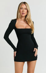 Benji Mini Dress - Square Neck Long Sleeve Bodycon Dress in Black