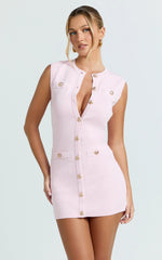 Branson Mini Dress - Sleeveless Button Down Knitted Dress in Plain Pink