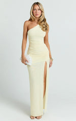 Georgia Maxi Dress - Mesh One Shoulder Ruched Bodycon Dress in Lemon
