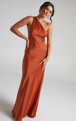Elzales Midi Dress - One Shoulder Beaded Strap Satin Dress in Rust