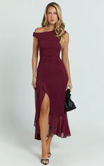 Judee Midi Dress - One Shoulder High Side Split Dress in Wine
