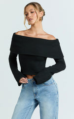 Darcie Top - Off Shoulder Long Sleeve Knitted Top in Black