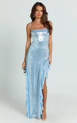 Belize Maxi Dress - Sequin Asymmetric Ruffle Split Bodycon Dress in Sky Blue