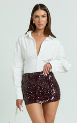 Lindy Mini Skirt - Low Rise Sequin Skirt in Wine