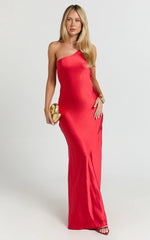 Helga Maxi Dress - Satin One Shoulder Cowl Back Bias Cut Dress in Red