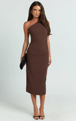 Monette Midi Dress - One Shoulder Straight Dress in Chocolate