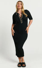 Lada Midi Dress - Short Sleeve Button Front Knit Dress in Black