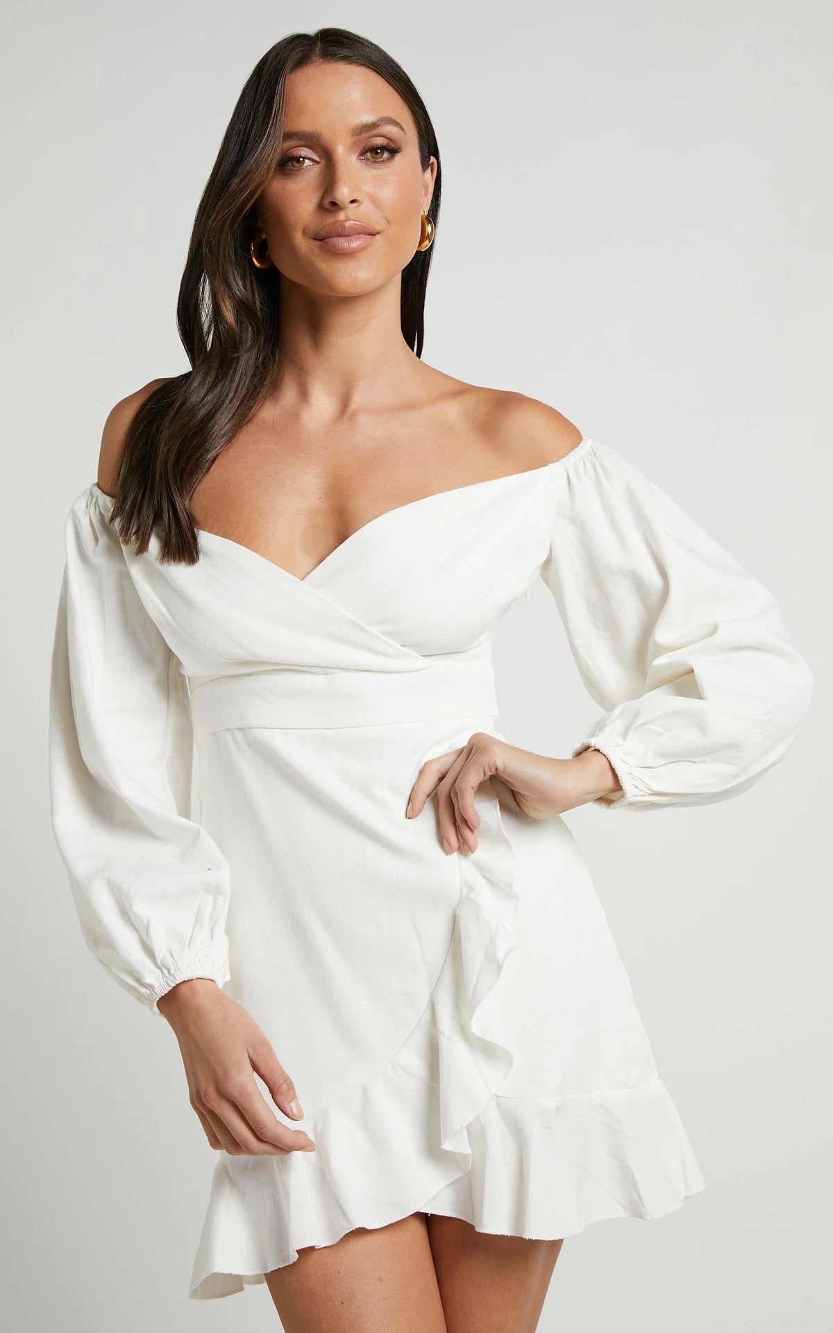 Cant Move On Off Shoulder Mini Linen Blend Dress in White Linen Look