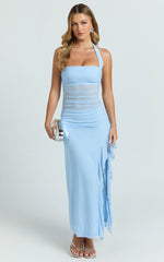 Almarie Midi Dress - Halter Neck Mesh Dress in Blue