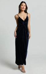 Rebecca Midi Dress - Front Twist Thigh Split Velvet Dress in Navy
